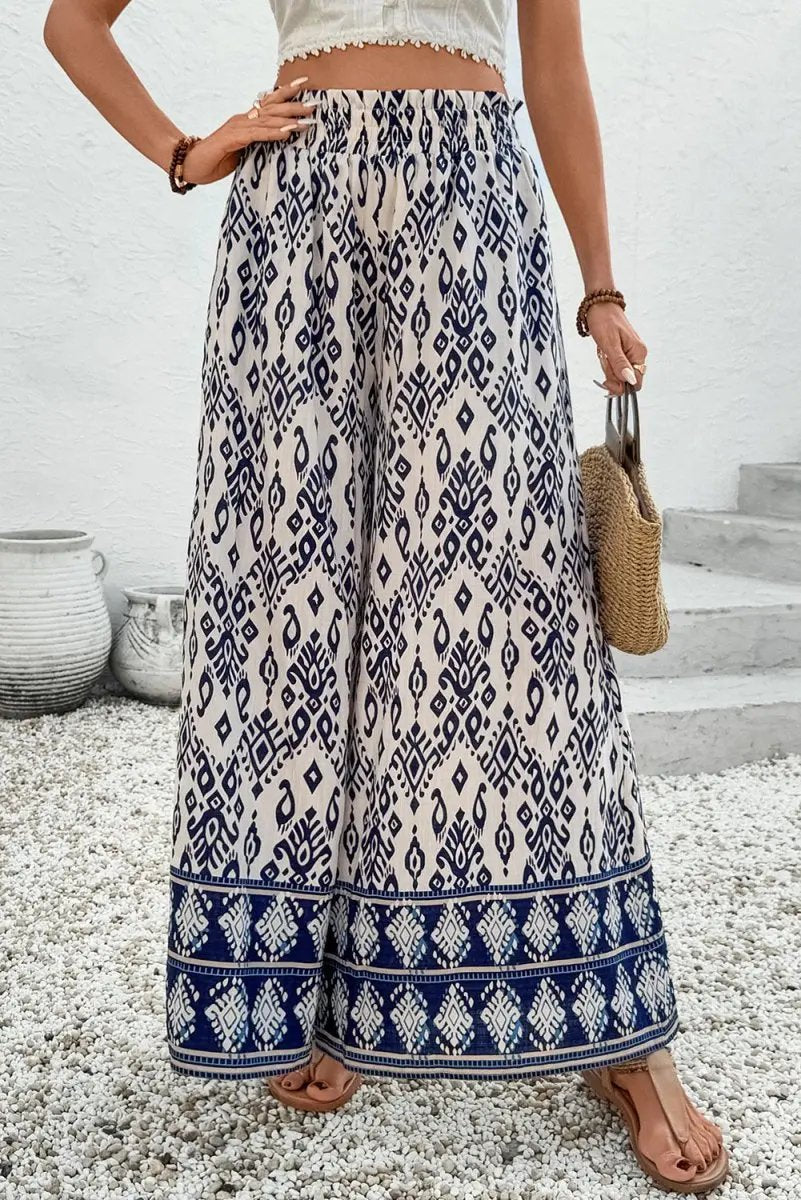 Blue Boho Pattern Print High Waist Wide Leg Loose Pants - Love Salve